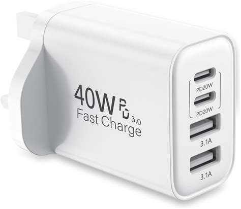 4 in 1 Multi Charger Cable,+ 40W 4-Port Fast Charger Plug UK Dual Port ...