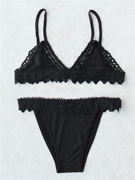 Black Lace Crochet Trim Triangle Bikini Set Shein Sheinside