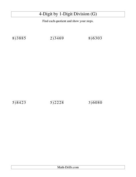 Division 1 Digit Divisor Worksheet