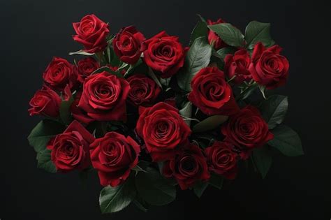 Premium Photo Bouquet Of Red Roses On A Black Background Top View