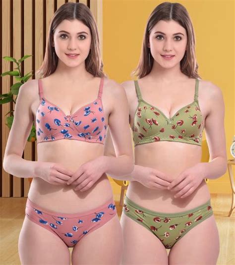 Buy Aamarsh Women Cotton Bra Panty Set For Lingerie Set Pack Of 2 Color Pink Green