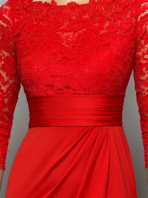 Sheath Button Lace Red Cocktail Dress With Sleeves