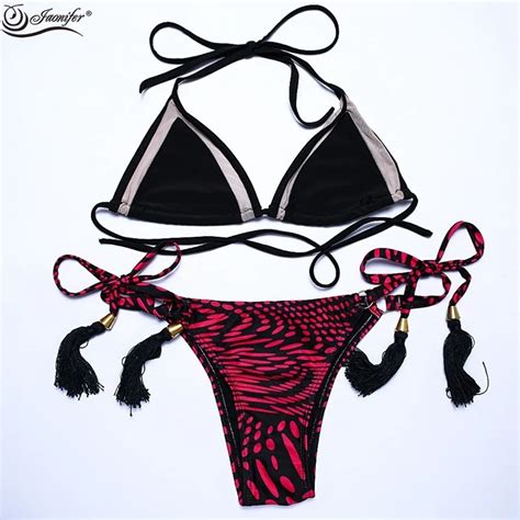 New Low Waist Triangle Back And Forth Fringes Sexy Hot Streak Printed Bikini Lady Swimsuit