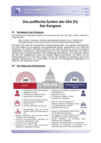 Arbeitsblatt Das Politische System Der Usa Ii Der Kongress