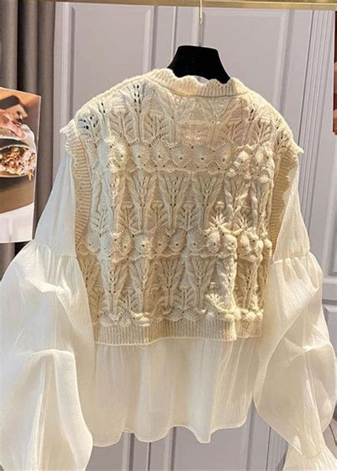 Boho Apricot O Neck Lace Patchwork Hollow Out Shirts Long Sleevefabric