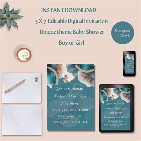 Editable Designer Baby Shower Invitation-instant Download-elegant-teal ...