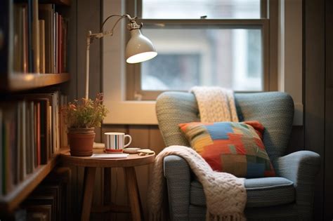 Premium Photo Cozy Reading Nook With A Lamp And A Pile Of Books