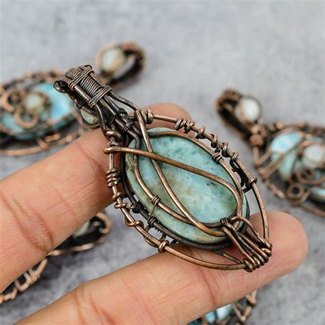 Larimar Labradorite Gemstone Pure Copper Wire Evil Eye Handmade