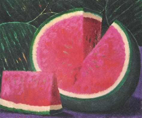 A Piece Of Watermelon Next To Another Piece Of Fruit On A Purple Surface