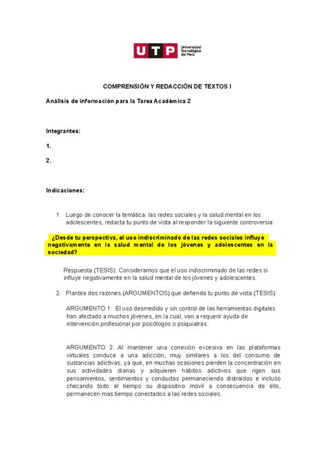 Semana Consigna Para Tarea De La Semana Comprension Y Redaccion