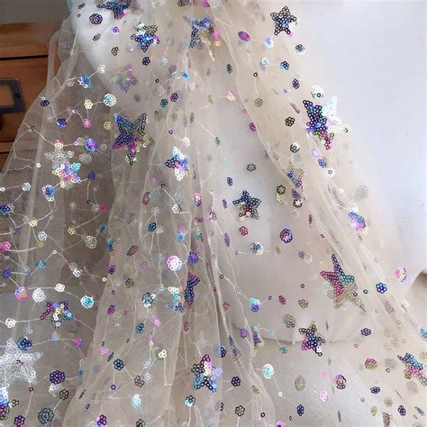 Colored Stars Sequin Fabric Nude Tulle Mesh Fabric For Summer Dress