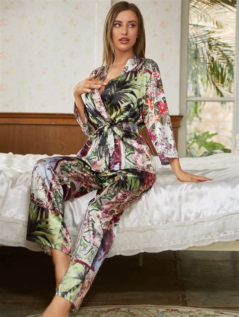 Tropical Print Belted Pajama Set SHEIN USA