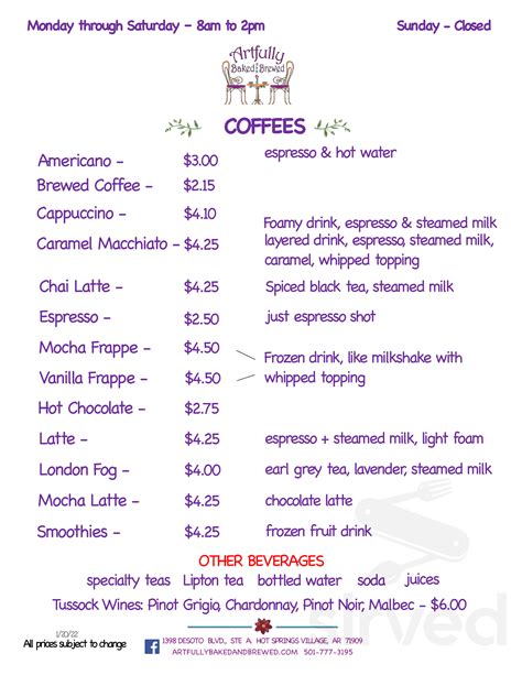 Artfully Baked And Brewed Menus In Hot Springs Village Arkansas