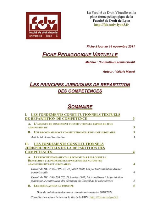 Pdf Principes Juridiques De Repartition Des Competencesfdv Univ Lyon