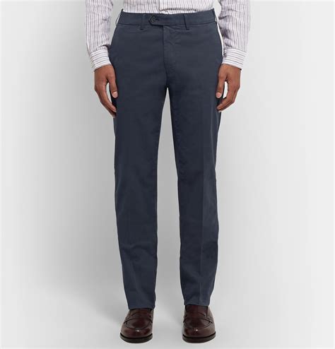 Canali Beige Slim Fit Stretch Cotton Twill Chinos Blue Canali