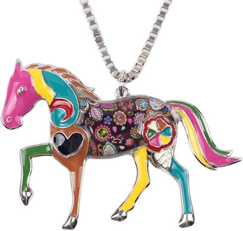 Bonsny Love Heart Enamel Zinc Alloy Metal Horse Necklace