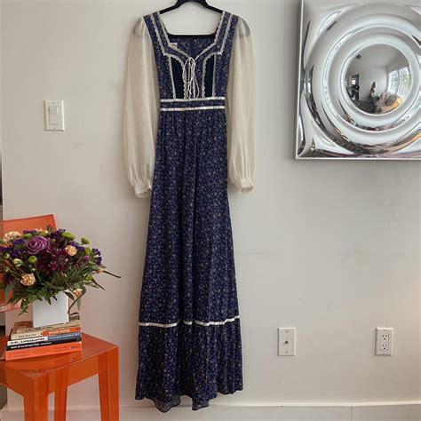 Vintage 70s Blue Floral Gunne Sax Prairie Dress With Depop