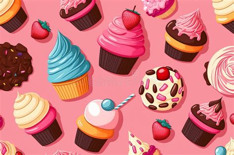 Seamless Pattern With Doodle Style Cupcakes Different Cupcakes With