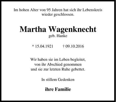 Traueranzeigen Von Martha Wagenknecht Trauer In NRW De