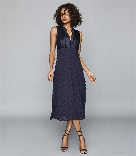 Reiss Synthetic Leni Jacquard Spot Midi Dress In Navy Blue Lyst