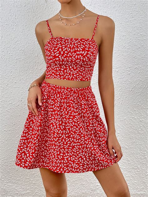 Shein Vcay Ditsy Floral Print Cami Top And Skirt Shein Usa