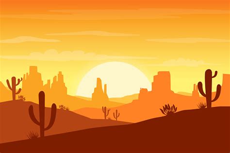 Desert Landscape At Sunset With Cactus And Hills Silhouettes Background Vector Illustration