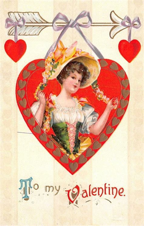 VALENTINE HOLIDAY WOMAN HEART HAT PONY TAILS EMBOSSED POSTCARD C 1909