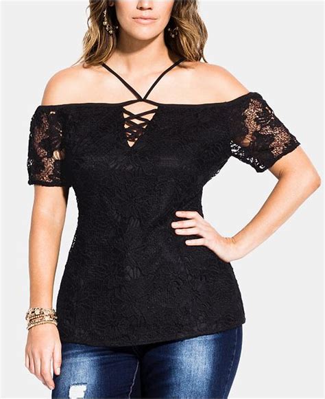 City Chic Trendy Plus Size Lace Up Off The Shoulder Top And Reviews Tops Plus Sizes Macy S