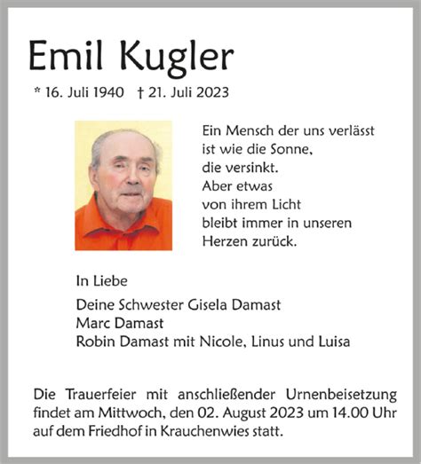 Traueranzeigen Von Emil Kugler Schwaebische De Trauerportal