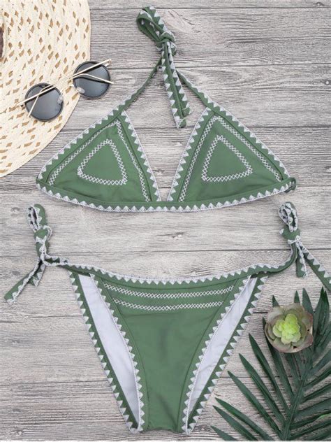 Off Halterneck Crochet String Bikini Set In Green Zaful