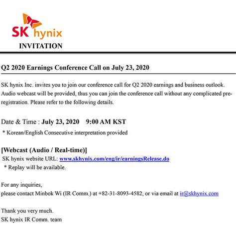 Q2 2020 Earnings Conference Call Invitation SK Hynix Newsroom