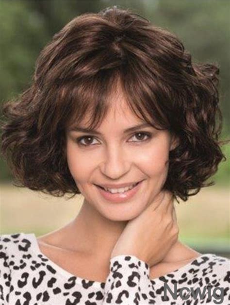 Lace Wig With Bangs Wavy Style Chin Length Brown Color