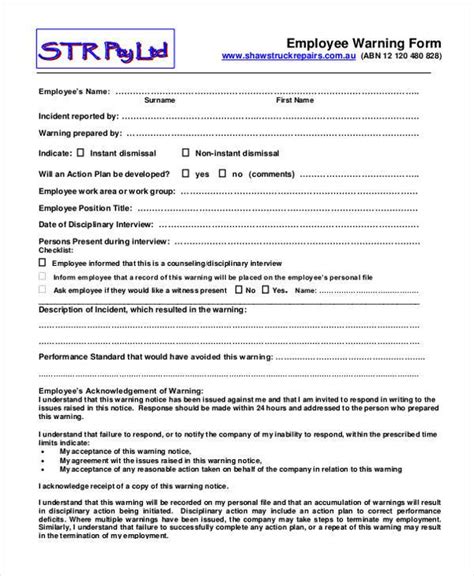 Free 9 Sample Employee Warning Forms In Pdf Ms Word