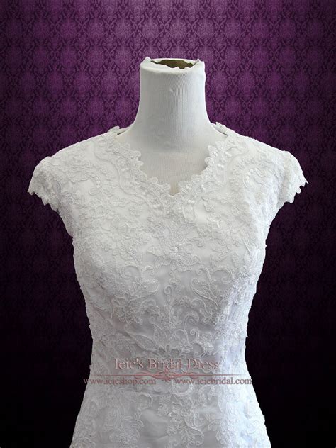 Modest Vintage Lace Wedding Dress With Cap Sleeves Sally