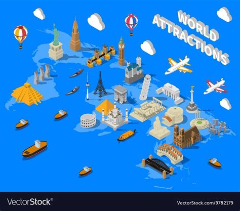 Isometric World Famous Landmarks Map Poster Vector Image On Vectorstock