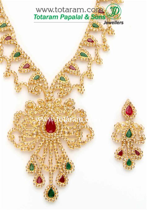 K Gold Necklace Drop Earrings Set With Uncut Diamonds