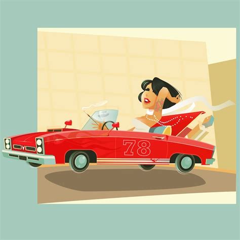 Chica Conduciendo Coche Ilustraci N De Estilo Retro Vector Premium