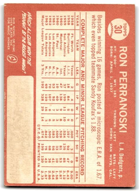 1964 Topps Ron Perranoski Baseball Cards 30 EBay