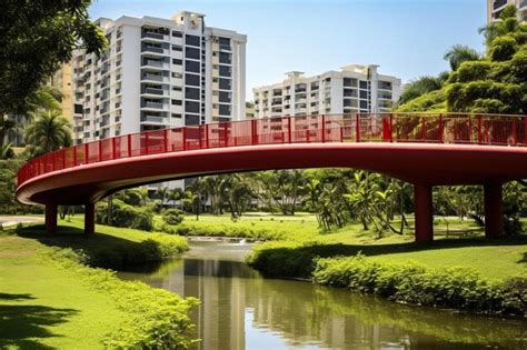 Premium Photo | A red bridge over a river with a red bridge in the ...