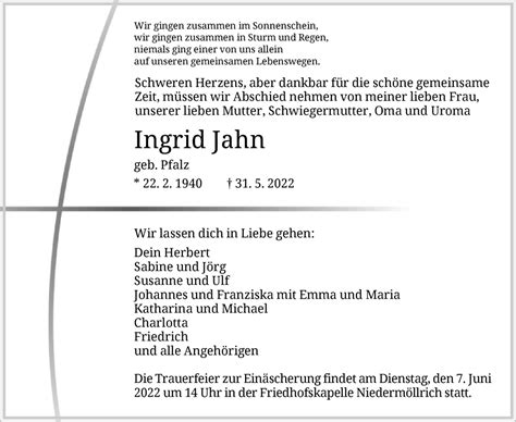 Traueranzeigen Von Ingrid Jahn Trauer HNA De