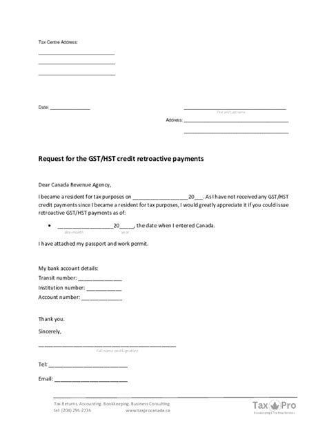 Fillable Online Request For The GST HST Credit Retroactive Payments Fax