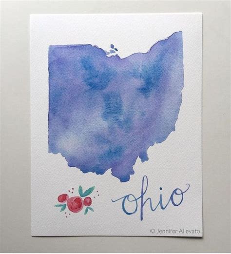 A Watercolor Map Of The State Of Ohio Painted In Blue And Purple With