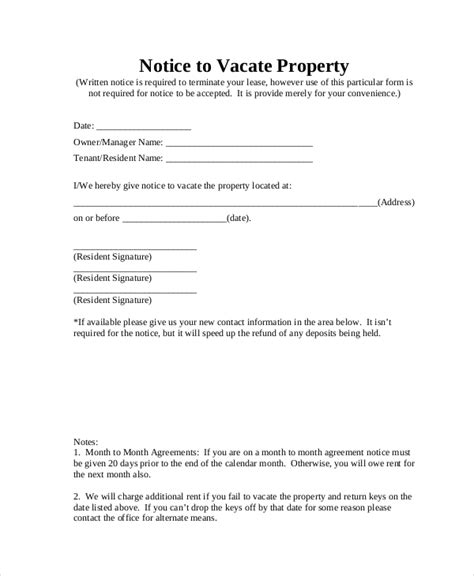 Free Sample Notice To Vacate Forms In Pdf Ms Word