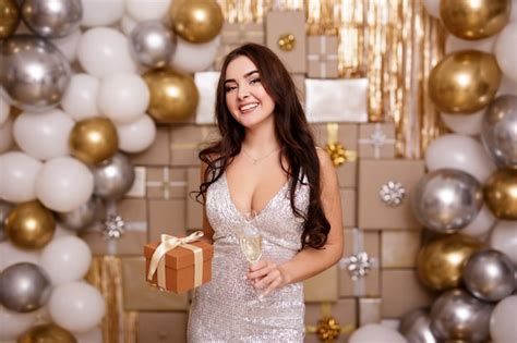 Premium Photo Birthday Christmas Or New Year Celebration Concept Portrait Of Happy Brunette