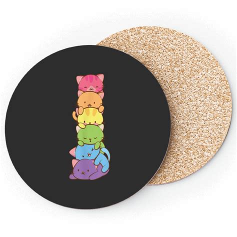 Cute Lgbt Rainbow Gay Pride Flag Kawaii Cat Pile Anime Art Coasters Round Coaster Black Sold By