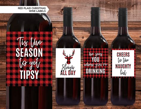 Holiday Wine Bottle Labels Red Plaid Christmas Wine Labels Etsy