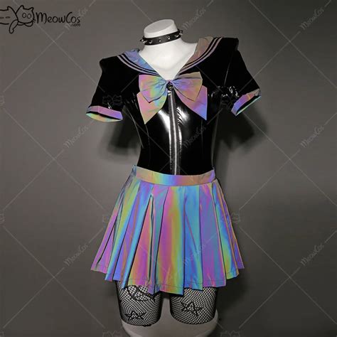 Women Sexy Black Reflective Laser Leather Sailor Costume Set With