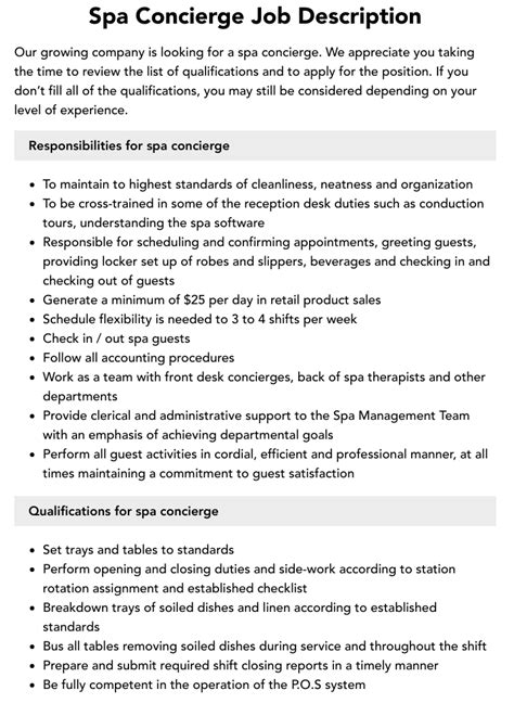 Spa Concierge Job Description Velvet Jobs