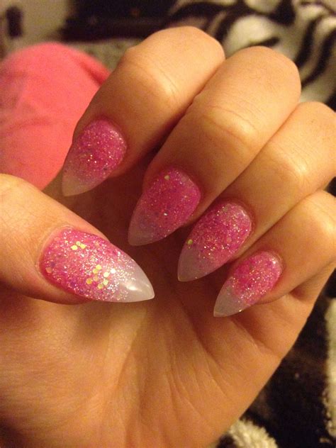 Pink Glitter To Clear Acrylic Stilettos Almond Shaped Nails Designs