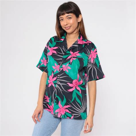 Black Hawaiian Shirt S Tropical Floral Button Up Or Gem